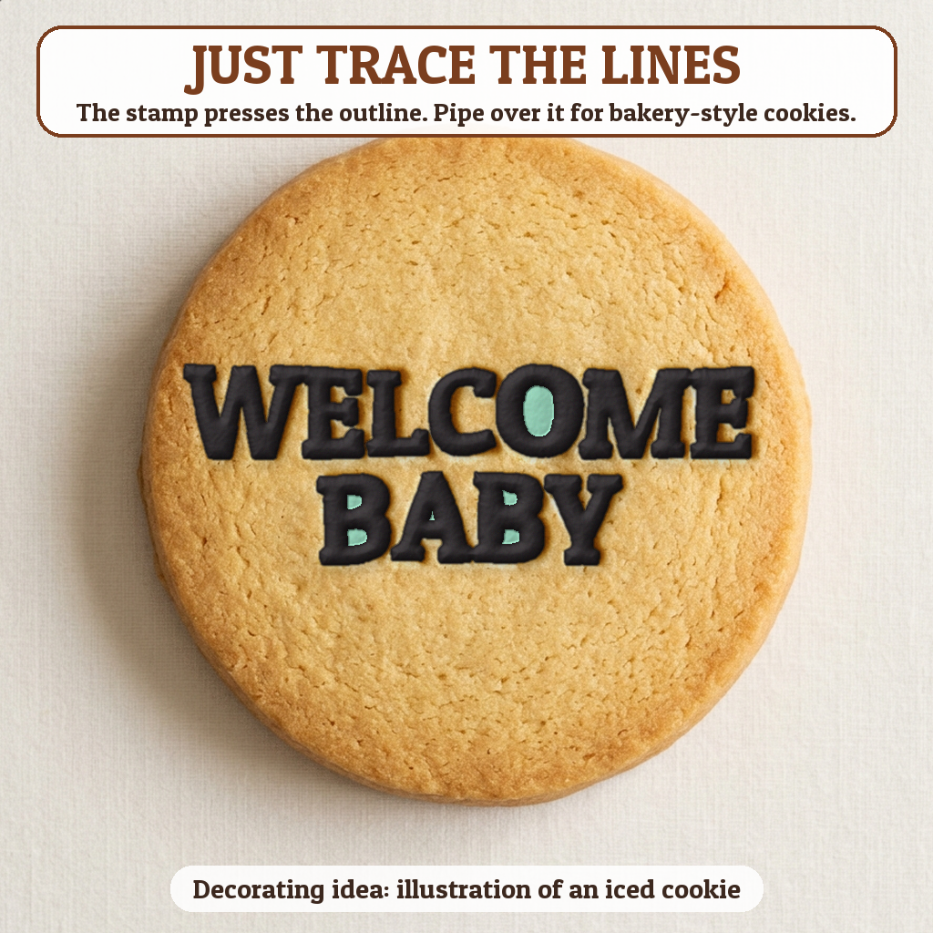Welcome Baby cookie traced with icing, iced decorating idea