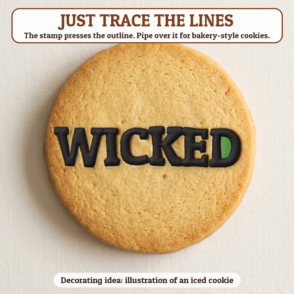 Wicked cookie traced with icing, iced decorating idea