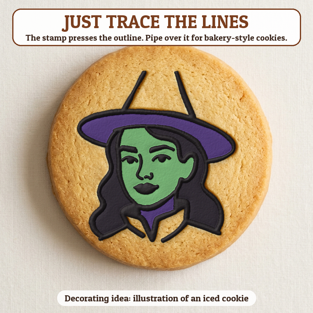 Witch Face cookie traced with icing, iced decorating idea