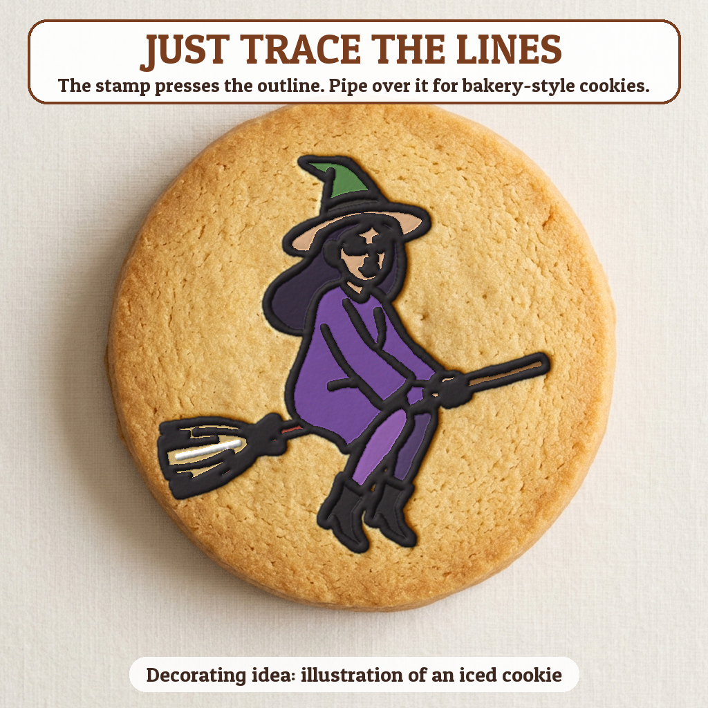 Witch on a Broom cookie traced with icing, iced decorating idea