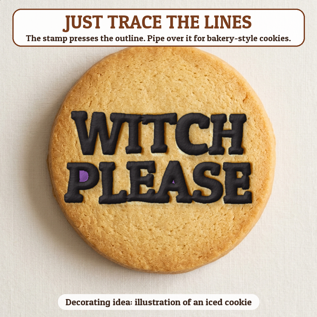 Witch Please cookie traced with icing, iced decorating idea