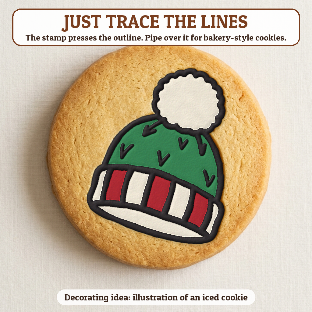 Woolly Hat cookie traced with icing, iced decorating idea
