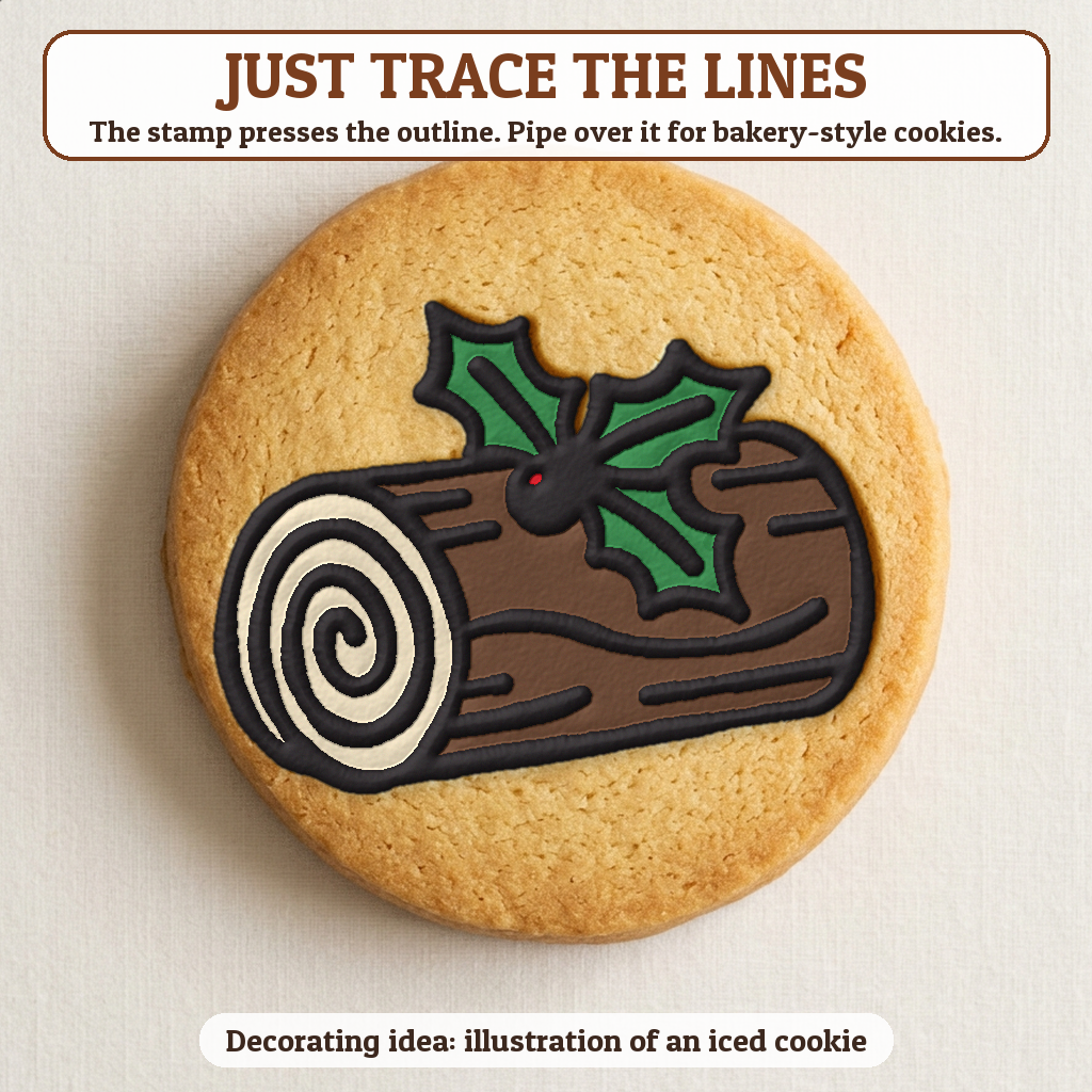 Yule Log Cake cookie traced with icing, iced decorating idea