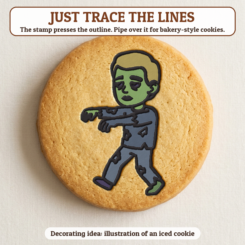 Zombie cookie traced with icing, iced decorating idea